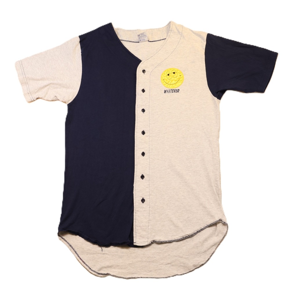 College Ware Mens OS Baseball Jersey Gray Navy Whatever Smiley Face Graphic